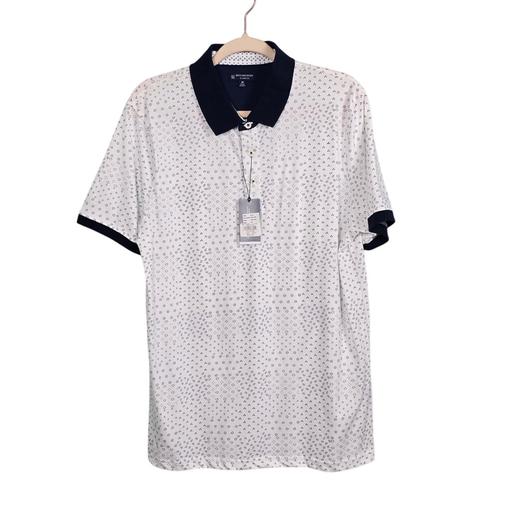 NWT Britches Sport by Samtex Mens Polo Shirt Medium White Grey Print 100% Cotton